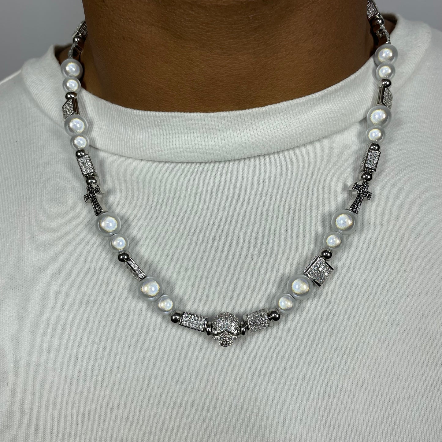 Long Skull and Pearl Necklace
